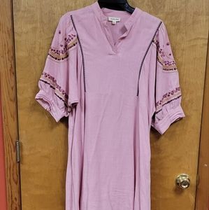Hidden Alley Women's Large Midi Dress Linen 3/4 Bat Sleeve Pockets Prairie Boho.